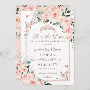 Blush Floral Sweet 16 Rose Gold Quinceañera Photo Save The Date