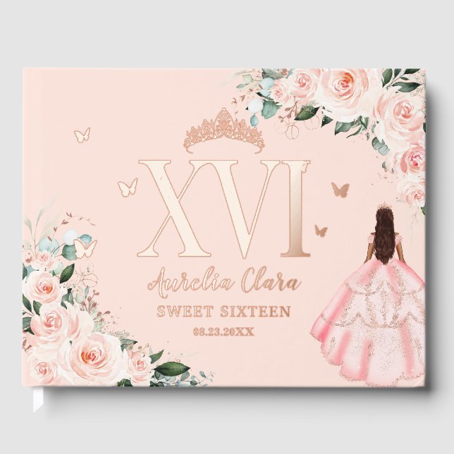 Blush Floral Sweet Sixteen 16 XVI Rose Gold Guest Book (Front)
