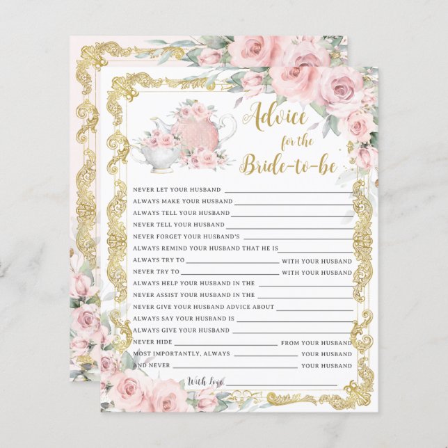 Blush Floral Tea Party Advice for Bride to Be Game (Front/Back)