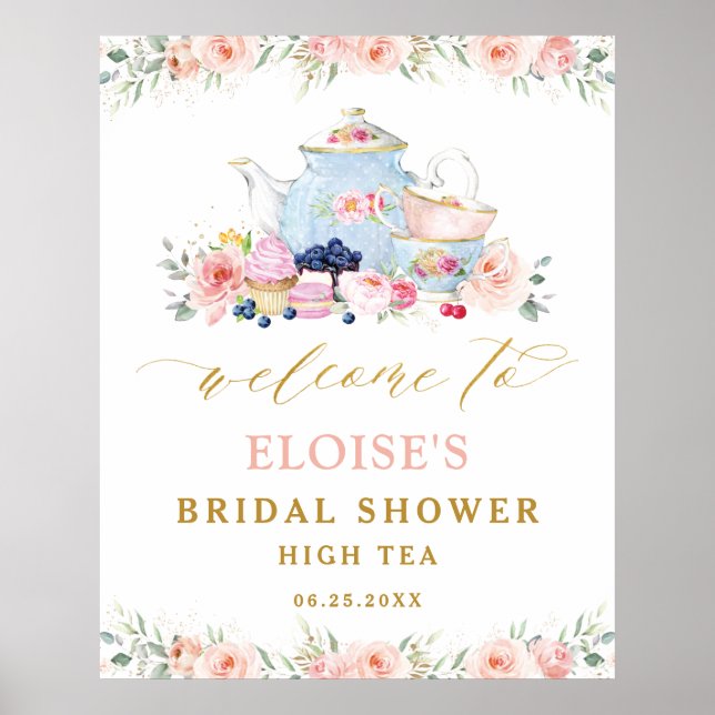 Blush Floral Tea Party Bridal Baby Shower Welcome Poster (Front)