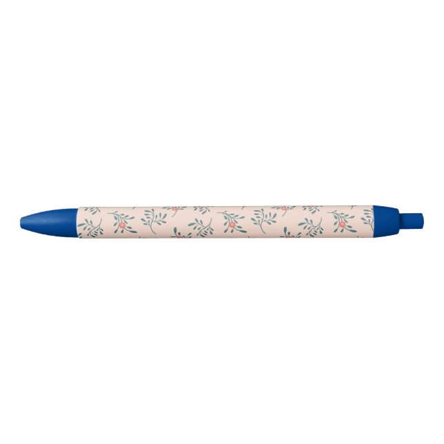 Blush Floral Teal Botanical Pattern Black Ink Pen (Front)