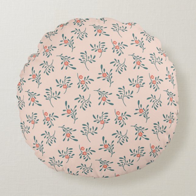 Blush Floral Teal Botanical Pattern Round Cushion (Front)