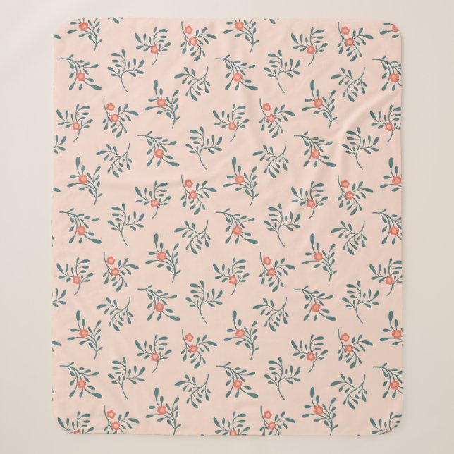 Blush Floral Teal Botanical Pattern Sherpa Blanket (Front)
