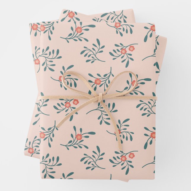 Blush Floral Teal Botanical Pattern Wrapping Paper Sheet (In situ)
