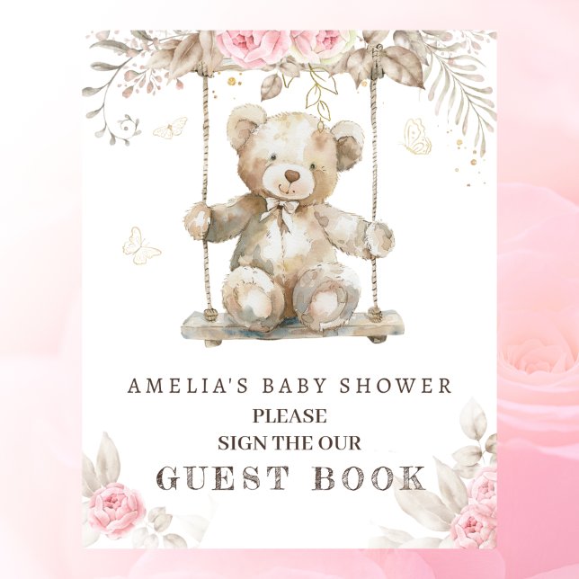 Blush Floral Teddy Bear Baby Shower Guest Book (Creator Uploaded)