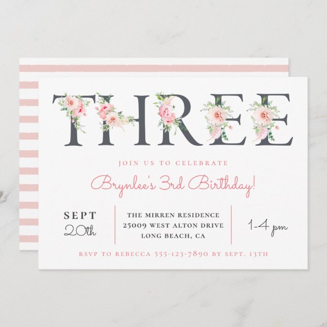 Blush Floral THREE | 3rd Birthday Party Invitation (Front/Back)