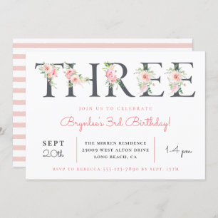 Blush Floral THREE   3rd Birthday Party Invitation