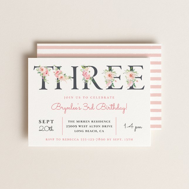 Blush Floral THREE | 3rd Birthday Party Invitation (Creator Uploaded)