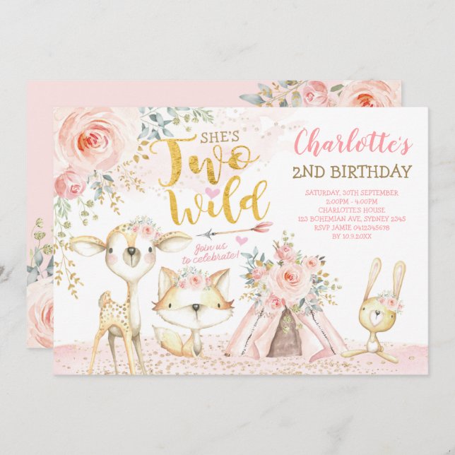 Blush Floral Tribal Woodland Two Wild 2nd Birthday Invitation (Front/Back)
