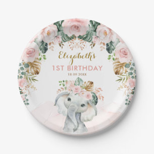 Blush Floral Tropical Boho Elephant Birthday Girl Paper Plate