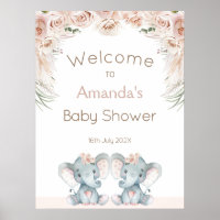 Blush Floral Twin Elephants Baby Shower Welcome