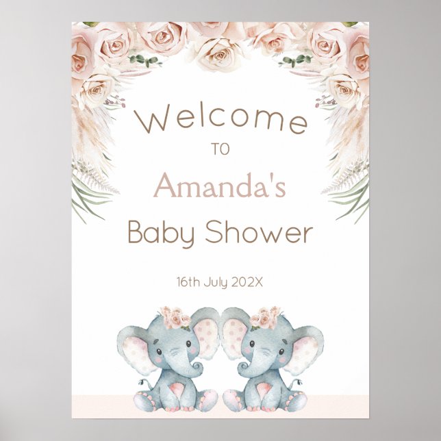 Blush Floral Twin Elephants Baby Shower Welcome Poster (Front)