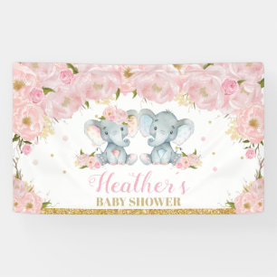 Blush Floral Twins Elephant Baby Shower Backdrop Banner