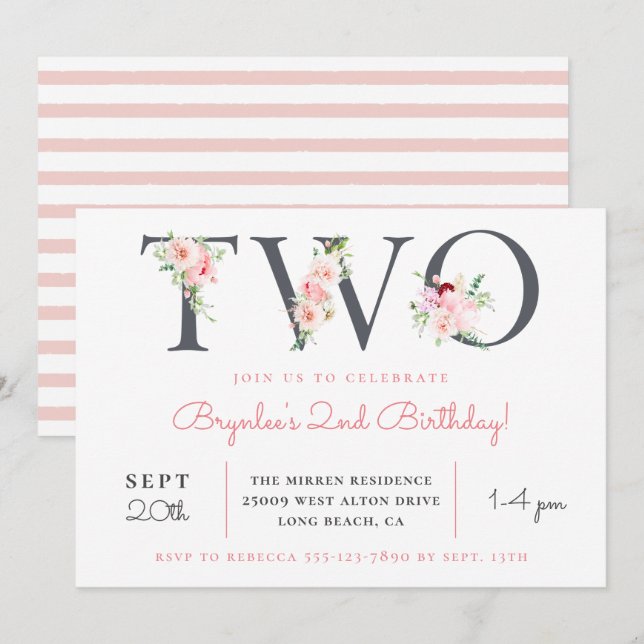 Blush Floral TWO | 2nd Birthday Party Invitation (Front/Back)