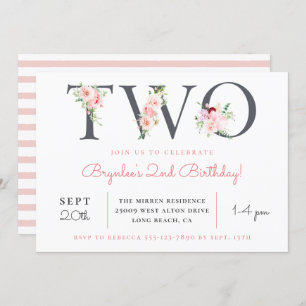 Blush Floral TWO   2nd Birthday Party Invitation