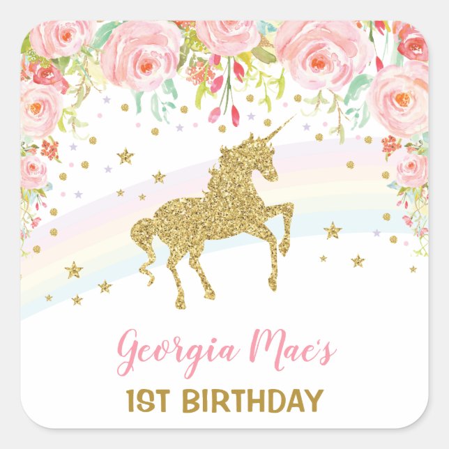 Blush Floral Unicorn Birthday Favor Sticker Tag (Front)