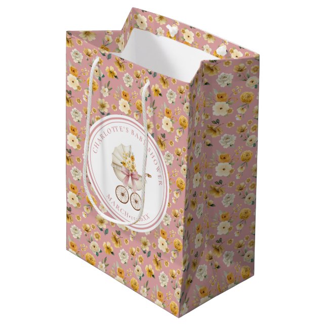 Blush Floral Vintage Carriage Baby Shower Bag (Front Angled)