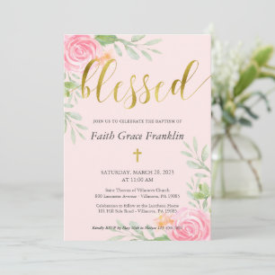 Blush Floral Watercolor and Gold Blessed Baptism Invitation