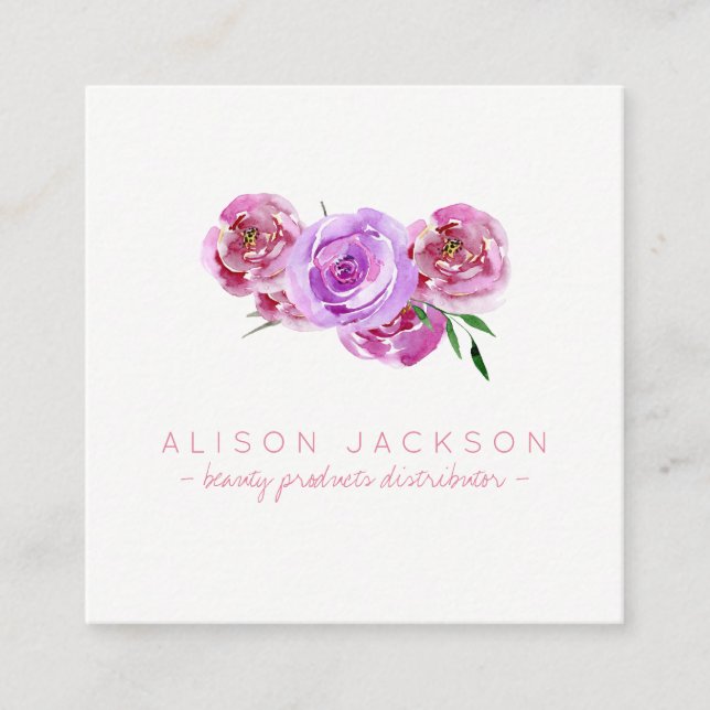 Blush floral watercolor beauty product distributor square business card (Front)