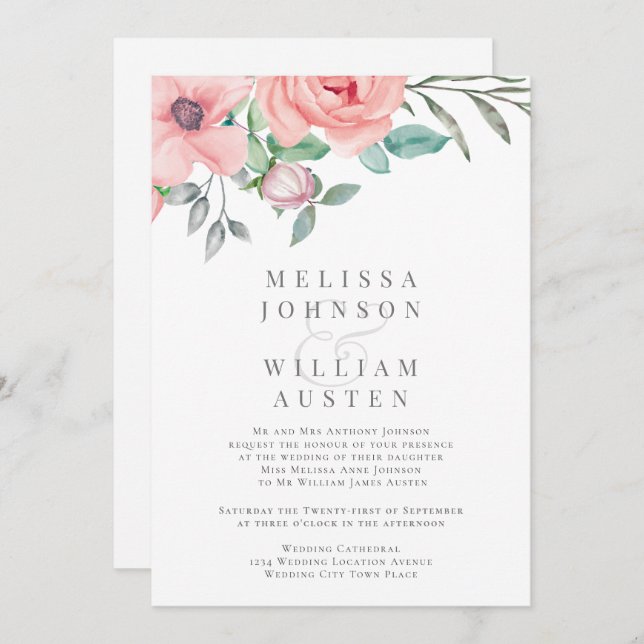 Blush Floral Watercolor Botanical White Wedding Invitation (Front/Back)