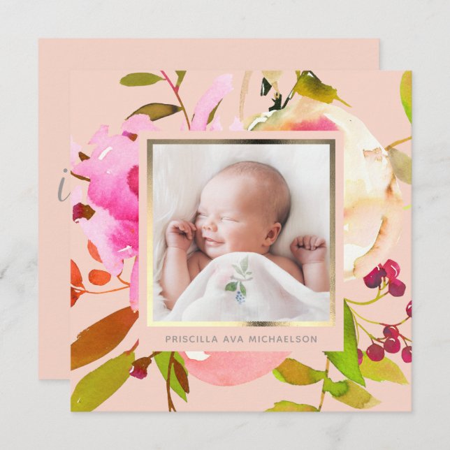 Blush Floral Watercolor Photo Birth Announcement (Front/Back)