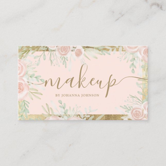 Blush floral watercolor pink gold frame makeup business card (Front)