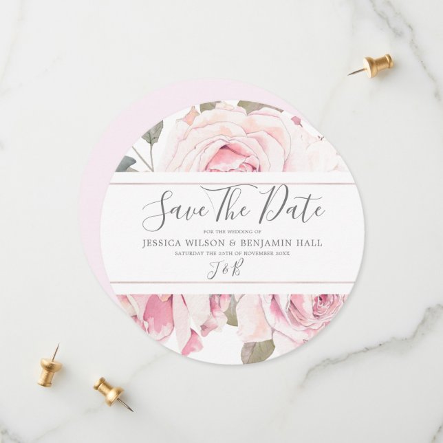 Blush Floral Watercolor Pink Wedding  Save The Date (Front/Back In Situ)