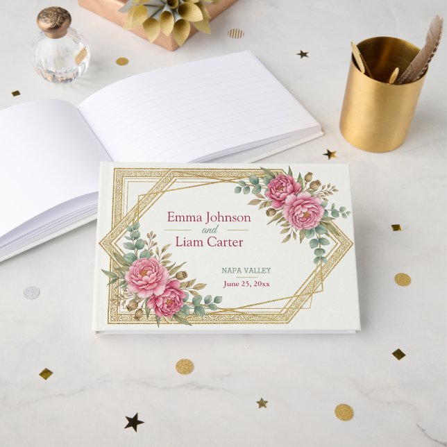 Blush Floral Watercolor Roses & Eucalyptus Wedding Guest Book (Front Open)