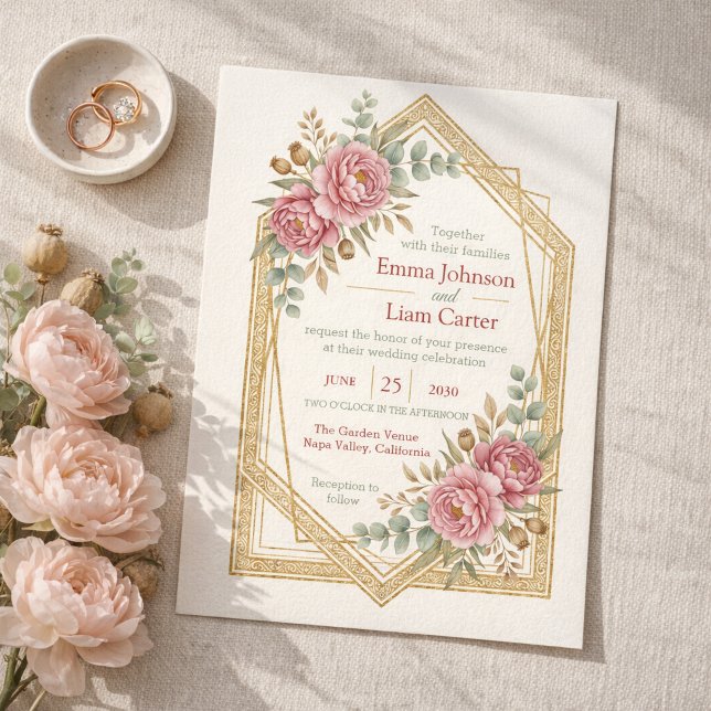 Blush Floral Watercolor Roses & Eucalyptus Wedding Invitation (Elegant Blush Floral Watercolor Roses & Eucalyptus Wedding Invitation)