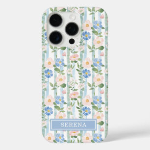 Blush Floral Watercolor Striped Personalised iPhone 16 Pro Case