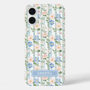 Blush Floral Watercolor Striped Personalised iPhone 16 Plus Case