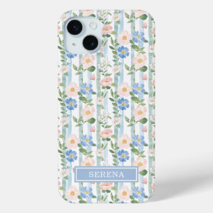 Blush Floral Watercolor Striped Personalised iPhone 15 Mini Case