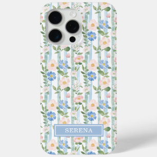 Blush Floral Watercolor Striped Personalised iPhone 15 Pro Max Case