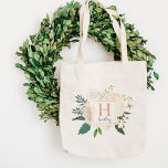 Blush Floral Watercolor Wedding Bridesmaid Initial Tote Bag<br><div class="desc">Stylish design features a bouquet of watercolor painted roses and ranunculus flowers. Personalise with custom monogram name / initial or other text. Soft colour scheme includes shades of blush pink,  peach,  grey,  cream,  green,  and gold.</div>