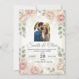 Blush Floral Watercolor Wedding Photo Invitation