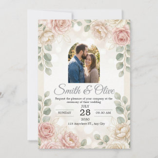 Blush Floral Watercolor Wedding Photo Invitation