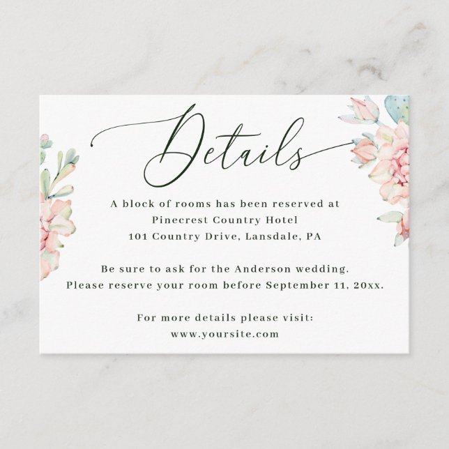 Blush Floral Wedding Details | Elegant Hotel Block Enclosure Card (Front)