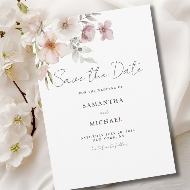 Blush Floral Wedding Flat Save The Date Card (Creator Uploaded)