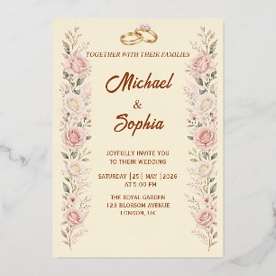 Blush Floral Wedding Invitation with Gold Rings