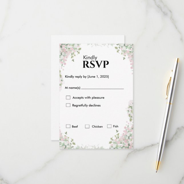 Blush Floral Wedding | Minimalist Script RSVP Card (Front/Back In Situ)