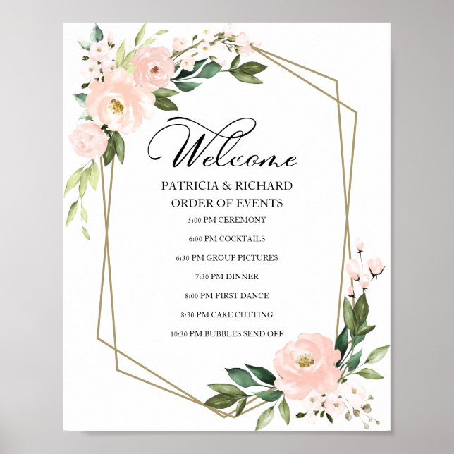 Blush Floral Wedding Order Of Event Sign (Front)