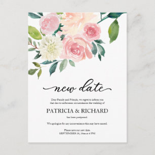 Blush Floral Wedding Postponement New Date Postcard
