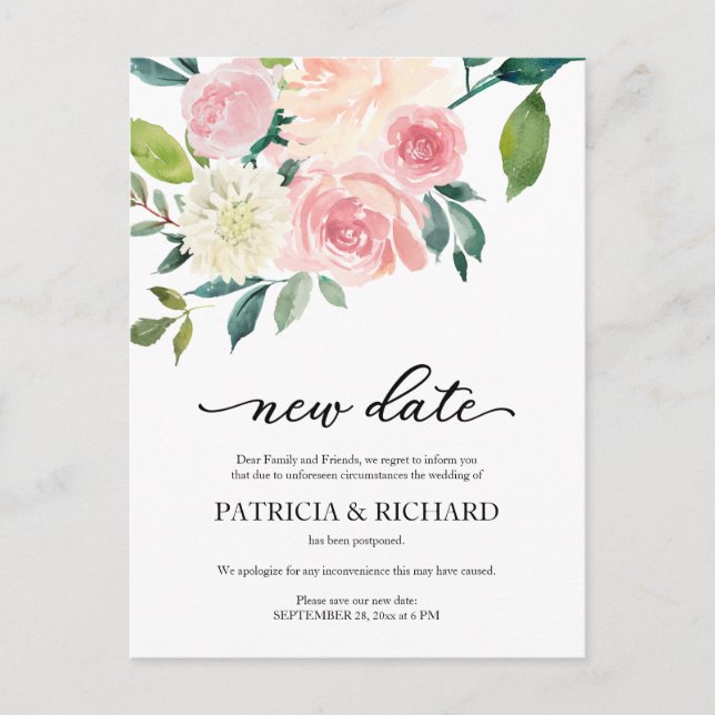 Blush Floral Wedding Postponement New Date Postcard (Front)