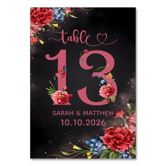 Blush Floral Wedding Table Number 13 Card (Front)