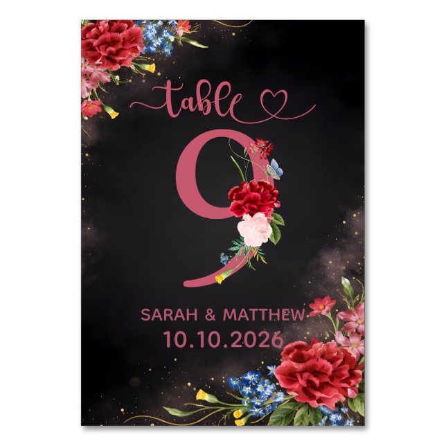 Blush Floral Wedding Table Number 9 Card (Front)