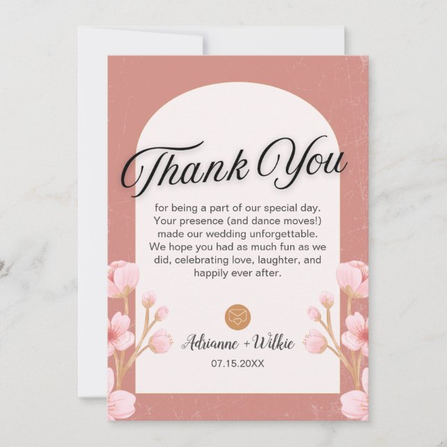 Blush Floral Wedding Thank You Card with Photo (Front)
