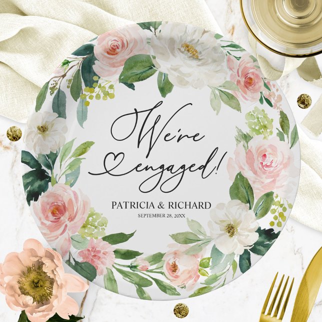 Blush Floral We're Engaged Engagement Party Paper Plate (Creator Uploaded)