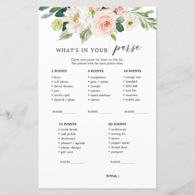 Blush Floral What's In Your Purse Shower Game (Front)