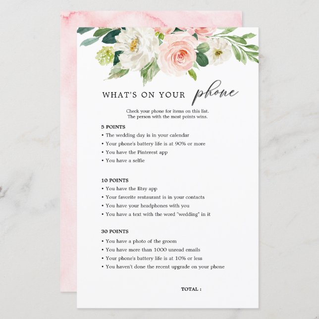 Blush Floral What's On Your Phone Bridal Shower (Front/Back)