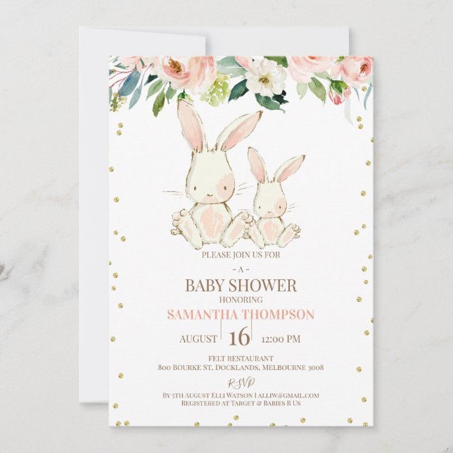 Blush Floral White Bunnies Girls Baby Shower Invitation (Front)